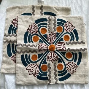 Boho linen embellished 16x16 pillow set of 2